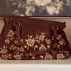 Elegant Brown Floral Embroidered Handbag